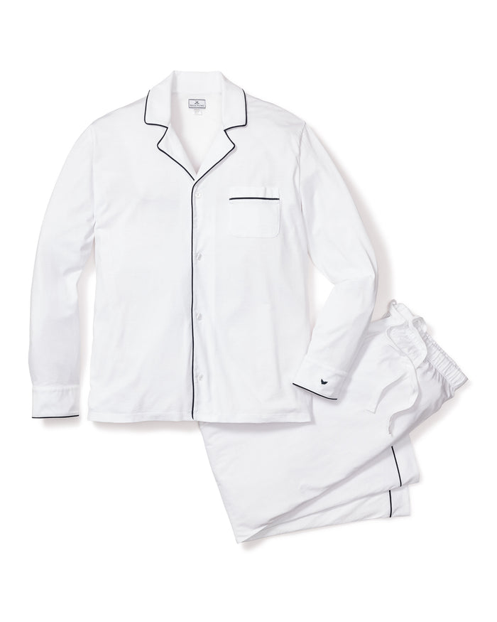 Men's Pima Pajama Set in Navy in White with Navy Piping#Color_White with Navy Piping