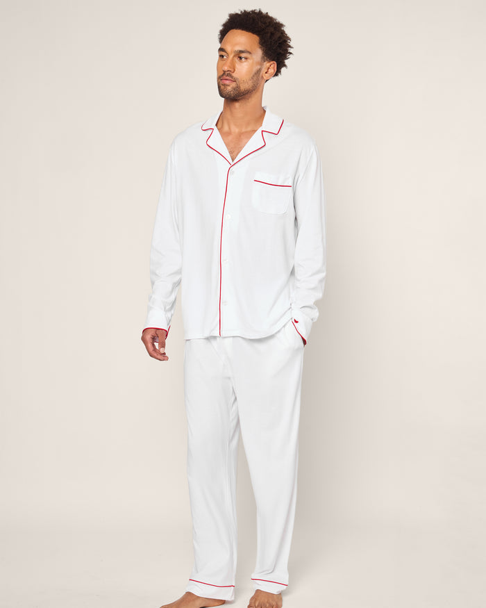 Men's Pima Pajama Set in Navy in White with Red Piping#Color_White with Red Piping