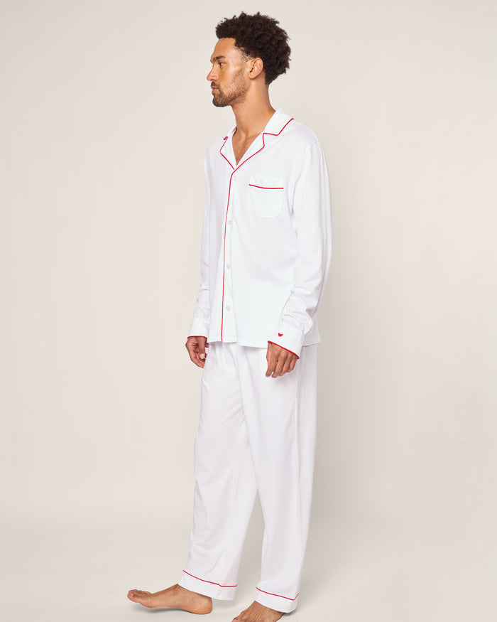 Men's Pima Pajama Set in Navy in White with Red Piping#Color_White with Red Piping