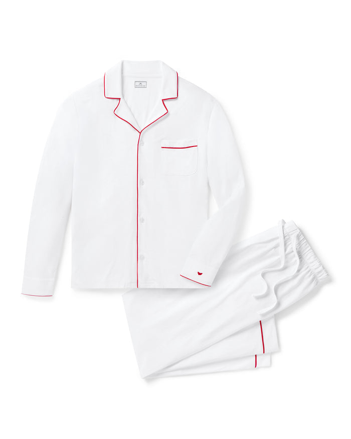 Men's Pima Pajama Set in Navy in White with Red Piping#Color_White with Red Piping