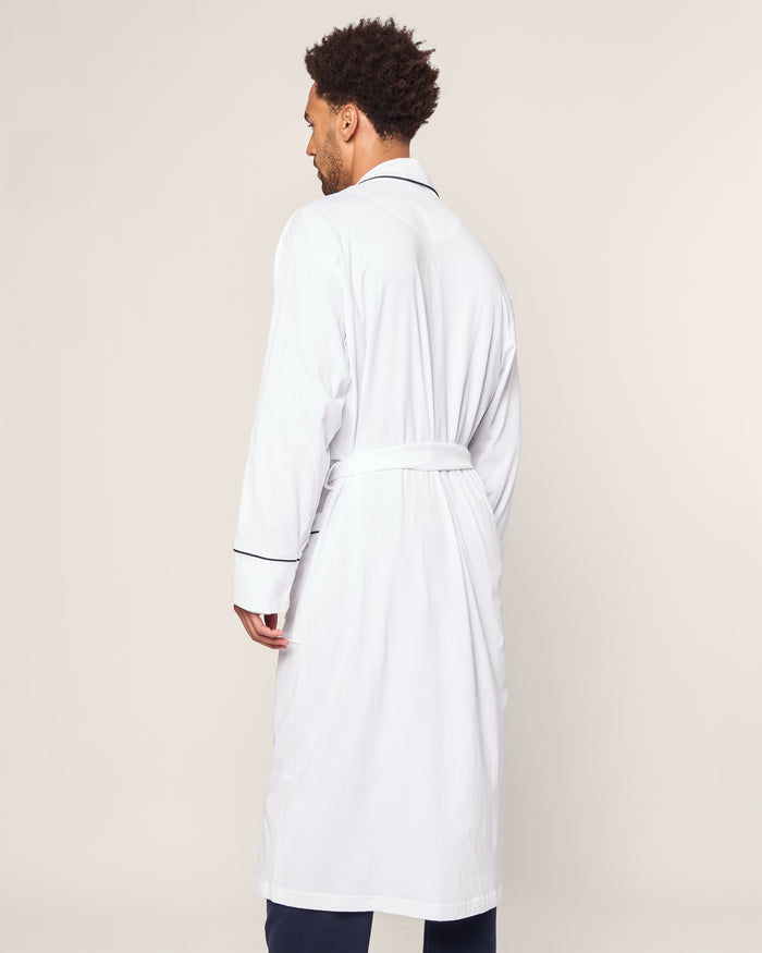 Men's Pima Robe in Navy in White with Navy Piping#Color_White with Navy Piping