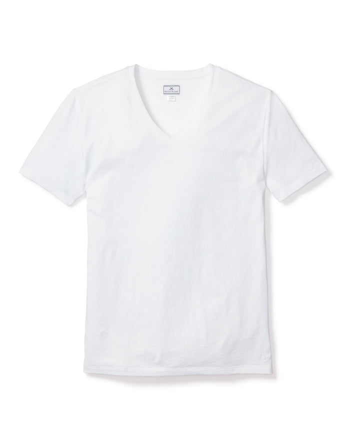 The Petite Plume Mens Pima V-Neck Top in White, with short sleeves and made from luxurious Peruvian Pima cotton, is displayed laid flat on a plain backdrop.