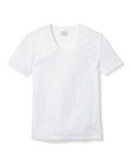 The Petite Plume Mens Pima V-Neck Top in White, with short sleeves and made from luxurious Peruvian Pima cotton, is displayed laid flat on a plain backdrop.