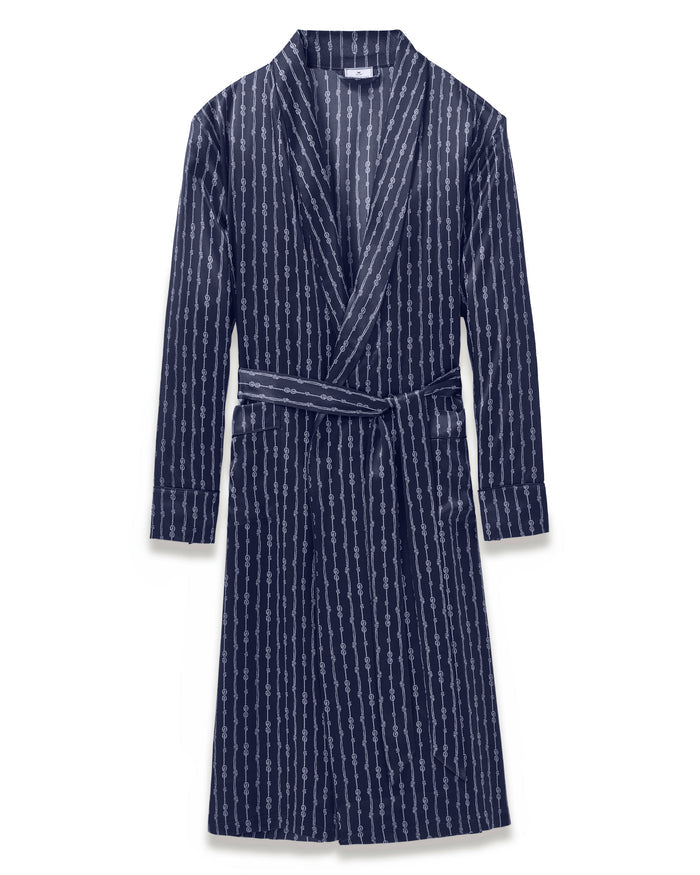 Men’s Silk Long Robe in Nautical Knots, featuring a navy blue hue with a white vertical dotted stripe pattern, long sleeves, a shawl collar, and a matching fabric belt at the waist.