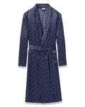 Men’s Silk Long Robe in Nautical Knots, featuring a navy blue hue with a white vertical dotted stripe pattern, long sleeves, a shawl collar, and a matching fabric belt at the waist.