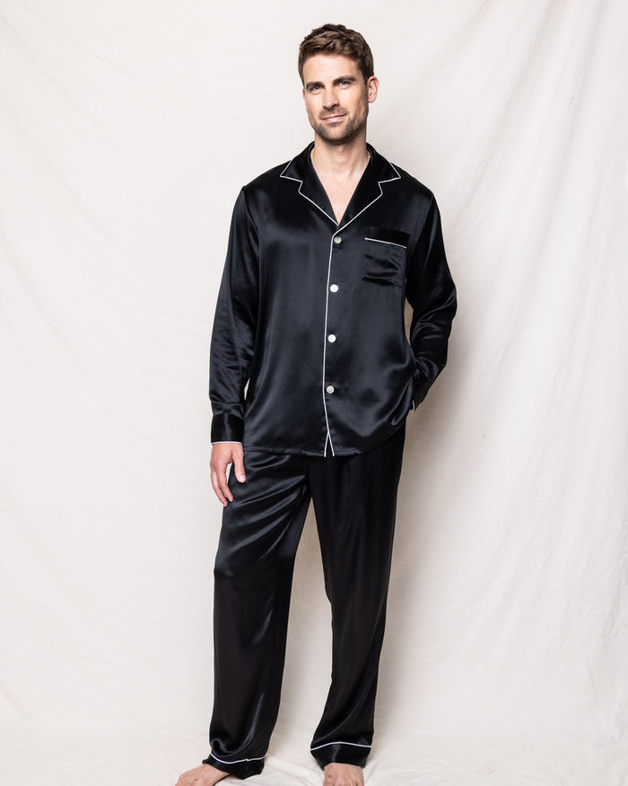 Men's Silk Pajama Set in Navy in Black#Color_Black