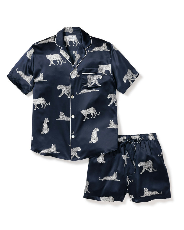 Men's navy silk pajama short set with a pattern of胱anteries de Nuit cats.