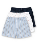 The Men’s Twill 3 Pack Boxers in Coastal Stripe, Anchors Away, and Navy are displayed overlapping on a white background, featuring one solid navy pair, one pair with small anchor prints on white, and one light blue pair with vertical white and navy stripes.