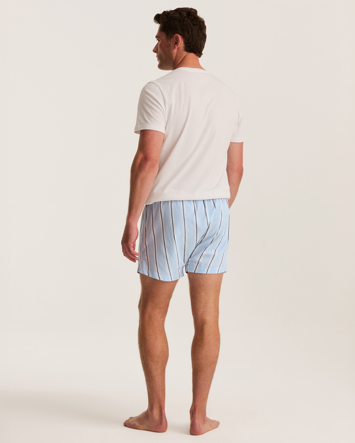 A man stands barefoot on a white background, facing away. He wears a white T-shirt and the Men’s Twill Boxer in Coastal Stripe—a light blue style with vertical black and white stripes—from the 3 Pack Boxers set.