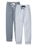 The Men’s Twill Classic Navy Pajama Pant Duo by Petite Plume includes two pairs: one navy and white checkered with a white tie, and one classic navy striped with a black tie. Both offer elastic waistbands for relaxed comfort.
