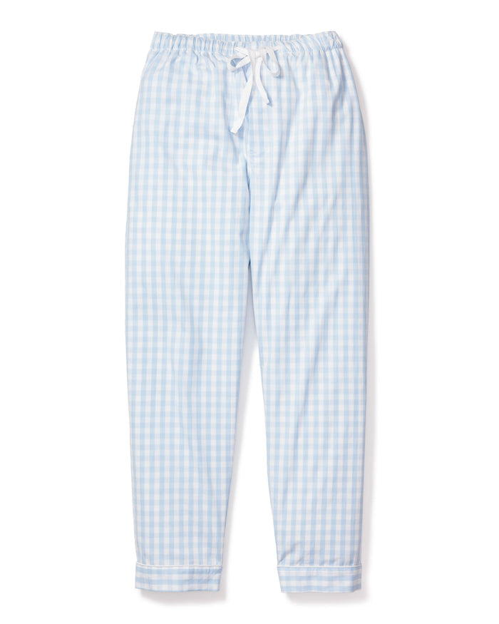 The Mens Twill Pants in Light Blue Gingham by Petite Plume feature an elastic waistband and white drawstring, crafted from 100% cotton for a soft and comfortable feel, perfect for lounging or sleeping.