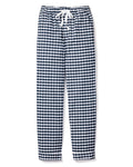 The Mens Twill Pajama Pant in Navy Gingham by Petite Plume features a comfy 100% cotton twill fabric and a classic white drawstring waistband, set against a blue and white gingham print.