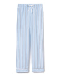 Men’s Twill Pajama Pants in Coastal Stripe feature a light blue base with vertical white and navy stripes, a white drawstring at the elastic waistband, and cuffed hems.