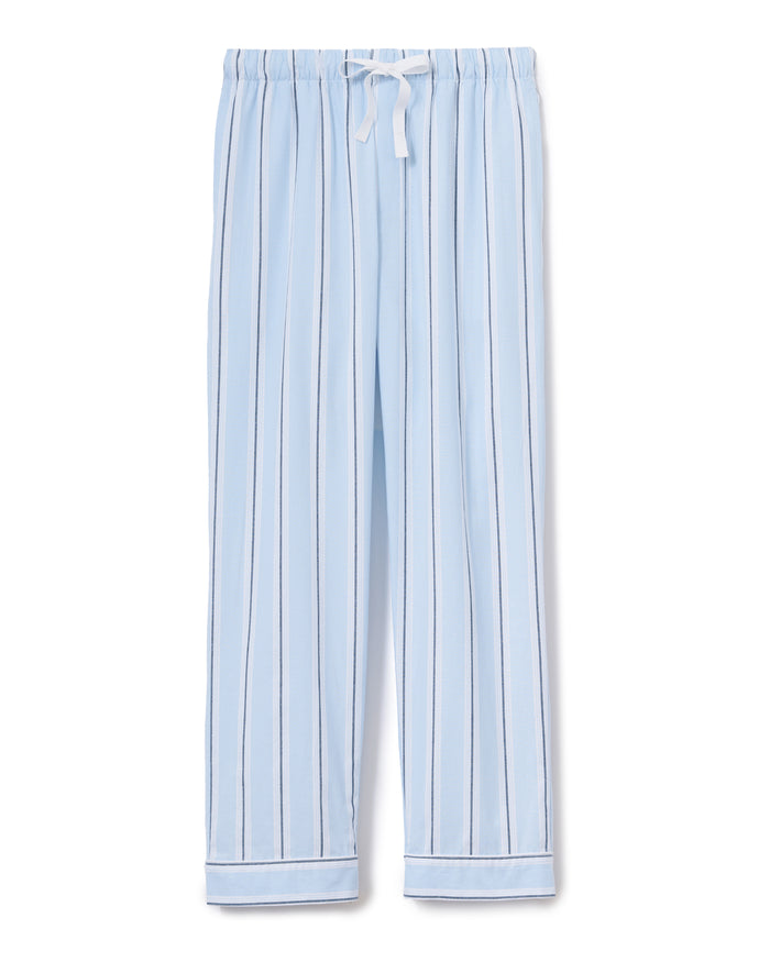 Men’s Twill Pajama Pants in Coastal Stripe feature a light blue base with vertical white and navy stripes, a white drawstring at the elastic waistband, and cuffed hems.
