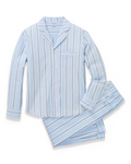 Men’s Twill Pajama Set in Coastal Stripe, featuring a light blue background with white and dark blue vertical stripes, long sleeves, pants, a chest pocket, and white buttons.