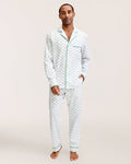 Men's Twill Pajama Set in Fairway Stripe, featuring a small green anchor pattern, green piping, chest pocket, and elastic waistband with green drawstring pants. The set is displayed neatly on a white background.