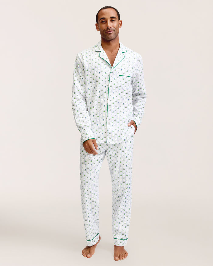 Men's Twill Pajama Set in Fairway Stripe, featuring a small green anchor pattern, green piping, chest pocket, and elastic waistband with green drawstring pants. The set is displayed neatly on a white background.