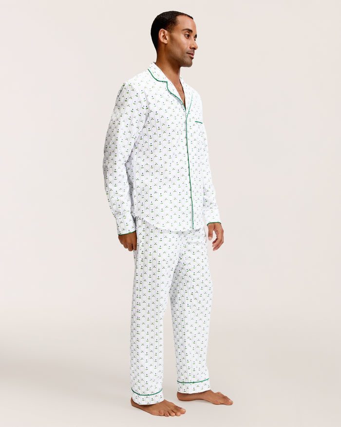 Men's Twill Pajama Set in Fairway Stripe, featuring a small green anchor pattern, green piping, chest pocket, and elastic waistband with green drawstring pants. The set is displayed neatly on a white background.