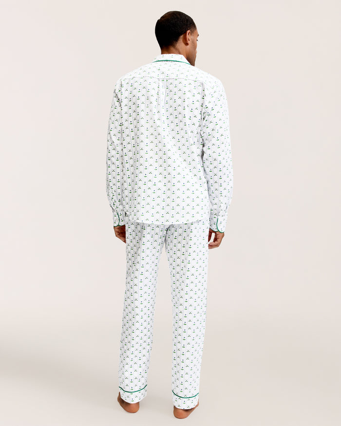 Men's Twill Pajama Set in Fairway Stripe, featuring a small green anchor pattern, green piping, chest pocket, and elastic waistband with green drawstring pants. The set is displayed neatly on a white background.