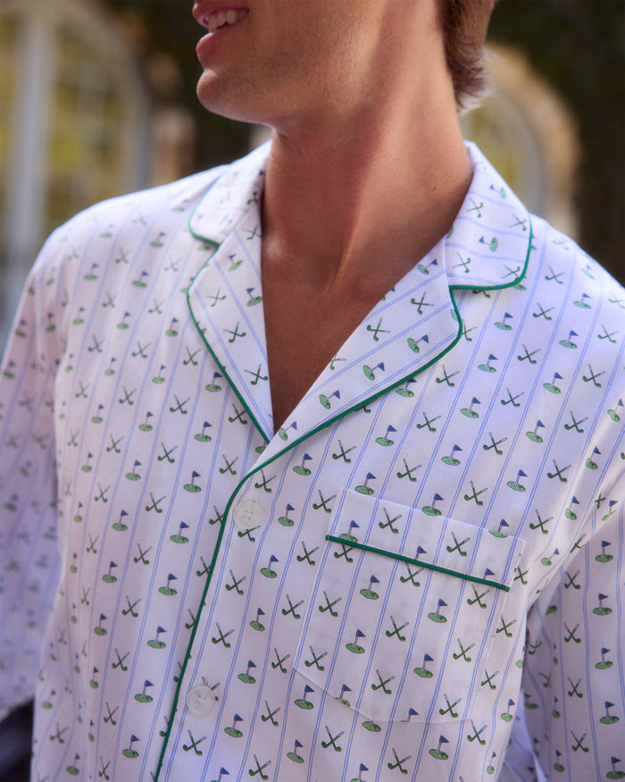 Men's Twill Pajama Set in Fairway Stripe, featuring a small green anchor pattern, green piping, chest pocket, and elastic waistband with green drawstring pants. The set is displayed neatly on a white background.