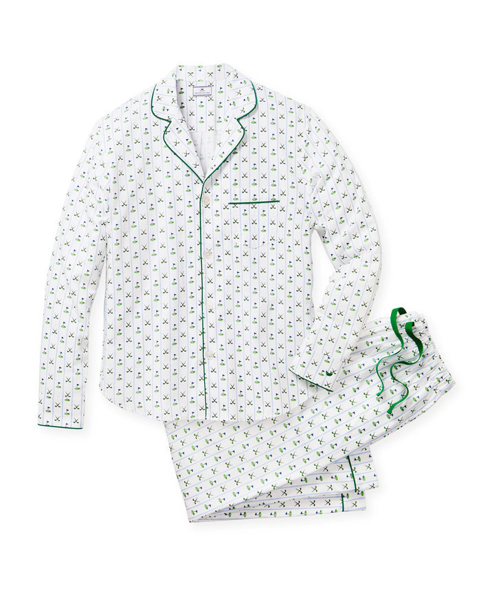 Men's Twill Pajama Set in Fairway Stripe, featuring a small green anchor pattern, green piping, chest pocket, and elastic waistband with green drawstring pants. The set is displayed neatly on a white background.
