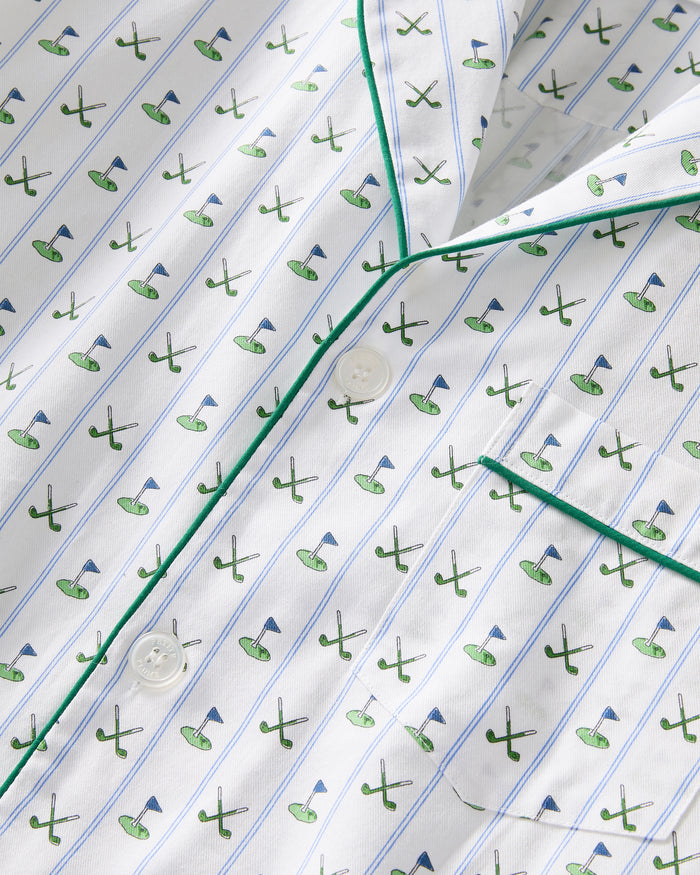 Men's Twill Pajama Set in Fairway Stripe, featuring a small green anchor pattern, green piping, chest pocket, and elastic waistband with green drawstring pants. The set is displayed neatly on a white background.