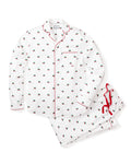Petite Plumes Mens Twill Pajama Set in Holiday Journey features a pattern of small, multicolored sailboats in cotton twill. The top has red piping, a chest pocket, and buttons, while the pants include a drawstring waist with red detailing for comfort.