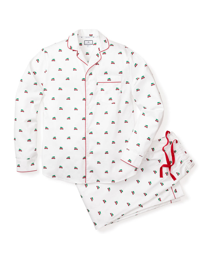 Petite Plumes Mens Twill Pajama Set in Holiday Journey features a pattern of small, multicolored sailboats in cotton twill. The top has red piping, a chest pocket, and buttons, while the pants include a drawstring waist with red detailing for comfort.