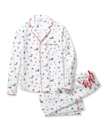 Christmas-themed pajama set with red trim on a white background