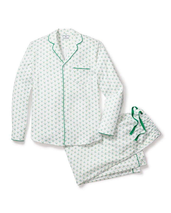 The Mens Twill Pajama Set in Match Point by Petite Plume features a long-sleeved shirt and pants made from high-quality cotton with a white background and small green geometric pattern, accented by green piping and a shirt pocket for a stylish and comfortable nights sleep.