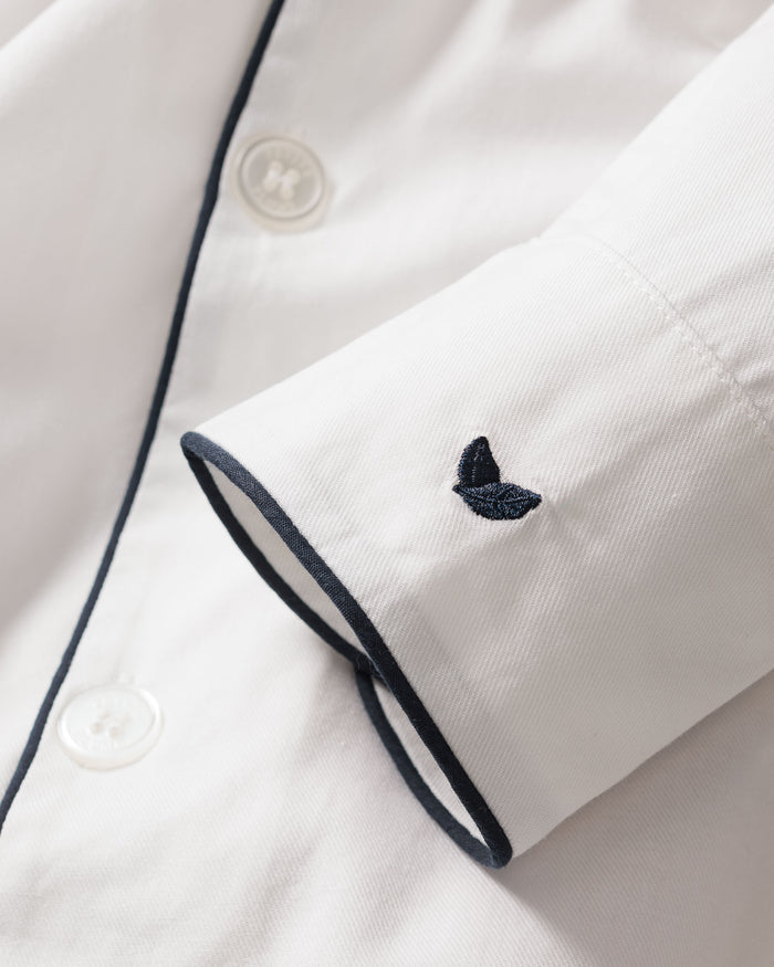 Men's Twill Pajama Set in White with Navy Piping