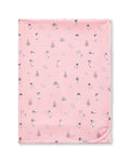 The Petite Plume x Eloise Baby Pima Blanket in Eloise Adventures features a pink fabric with playful girl, dog, and chair illustrations and a neatly stitched edge, displayed flat.