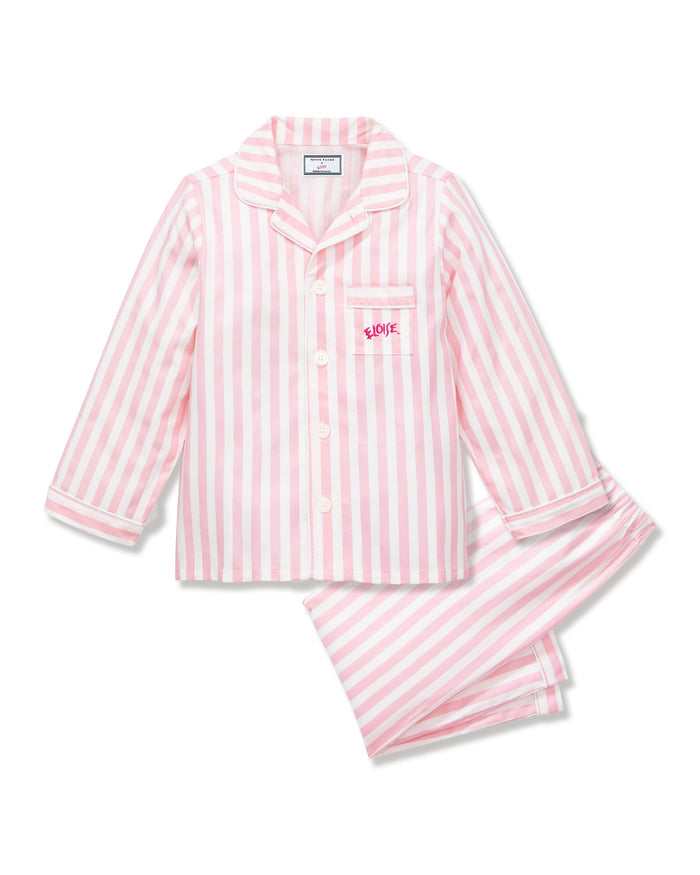Petite Plume x Eloise Kid's Twill Pajama Set in Eloise Classic Stripe features pink and white stripes.