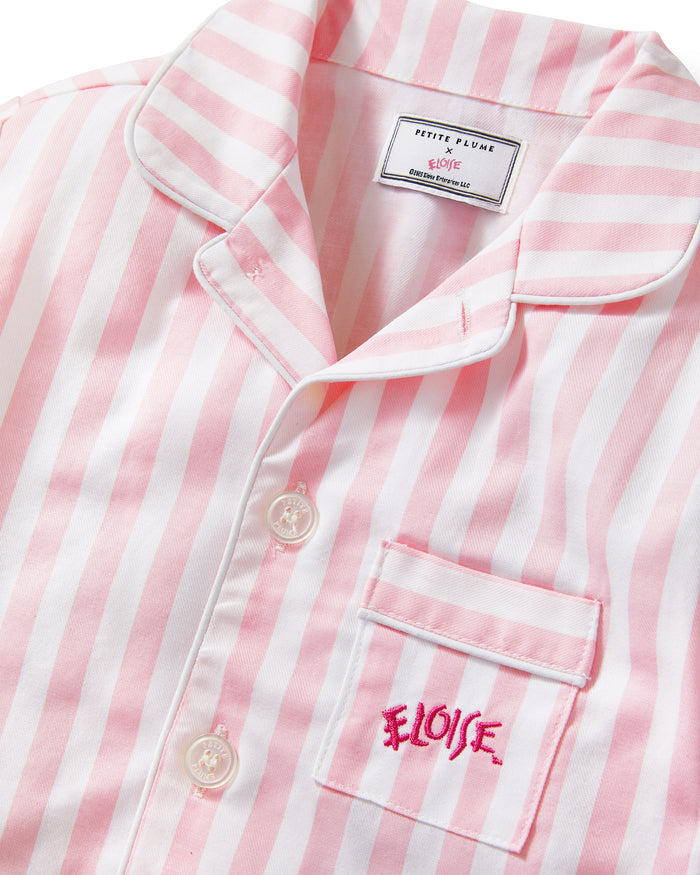 Petite Plume x Eloise Kid's Twill Pajama Set in Eloise Classic Stripe features pink and white stripes.