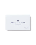 This elegantly designed Physical Gift Card by Petite Plume features Petite Plume in dark blue cursive, adorned with a feather illustration on top. Priced at $25.00, its an ideal gift for any occasion.