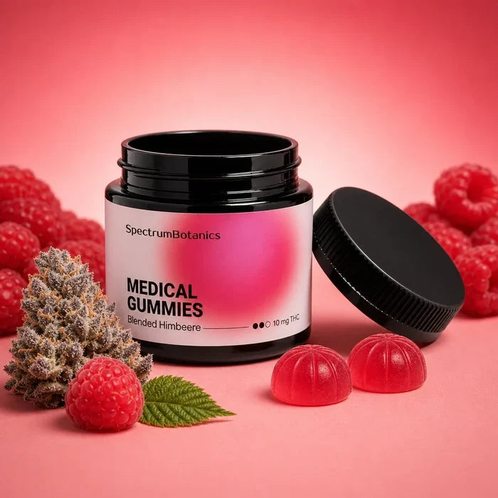 SpectrumBotanics Medical Gummies Blended Himbeere 10 mg THC – Moodbild mit Himbeeren