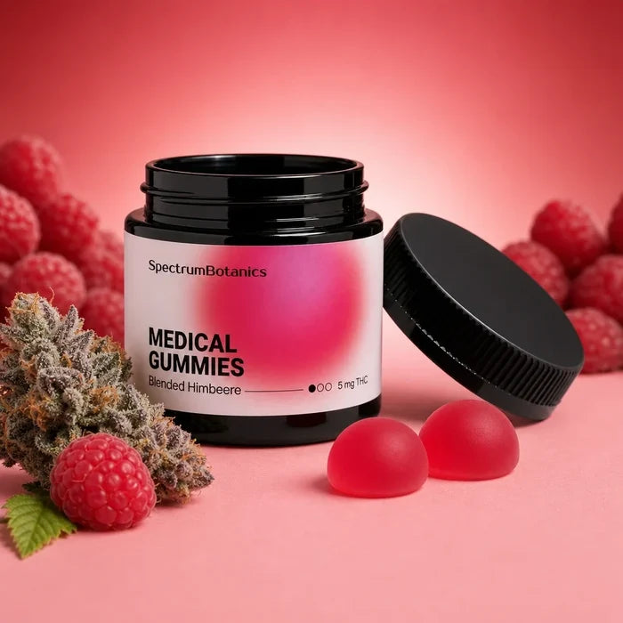 SpectrumBotanics Medical Gummies Blended Himbeere 5 mg THC – Moodbild mit Himbeeren
