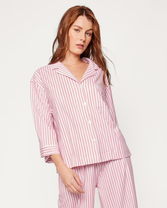 Featuring the Petite Plume Olivia Pajama Set in Antique Red Ticking, this shirt is crafted from luxurious Peruvian Pima cotton with an embroidered logo on its sleeve and a classic white button front design.