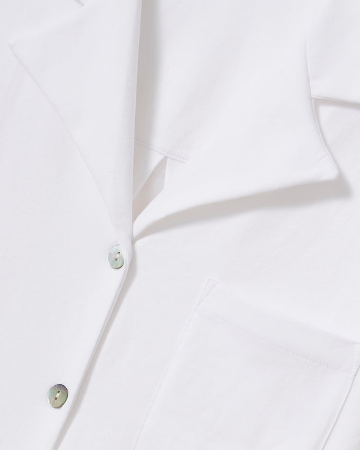A person wears The Olivia Wide Leg Pima Pajama Set in White by Petite Plume, showcasing a luxurious Peruvian Pima cotton ensemble with a loose-fitting long-sleeve buttoned shirt and wide-leg pants. They hold a branch with green leaves, standing barefoot against a light background.