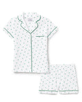 The Poppy Lightweight Pima Short Set in Shamrocks features a white short-sleeve pajama set with green piping and a small green shamrock print, including a button-up top with a chest pocket and matching shorts.