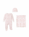 The Welcome Home Baby Set - Dorset Floral by Petite Plume includes a charming romper with full-length sleeves and legs, a matching hat, and cozy blanket, all featuring a pink floral design. The delightful set is beautifully presented on a plain white background.