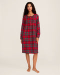 The Women's Brushed Twill Beatrice Nightgown in Imperial Tartan features long sleeves, a knee-length cut, a red, green, and black plaid design, chest buttons, and a round neckline.