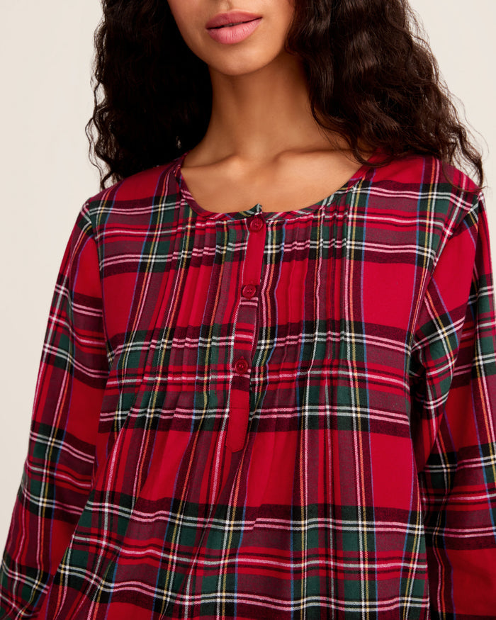 The Women's Brushed Twill Beatrice Nightgown in Imperial Tartan features long sleeves, a knee-length cut, a red, green, and black plaid design, chest buttons, and a round neckline.