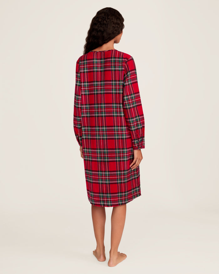The Women's Brushed Twill Beatrice Nightgown in Imperial Tartan features long sleeves, a knee-length cut, a red, green, and black plaid design, chest buttons, and a round neckline.