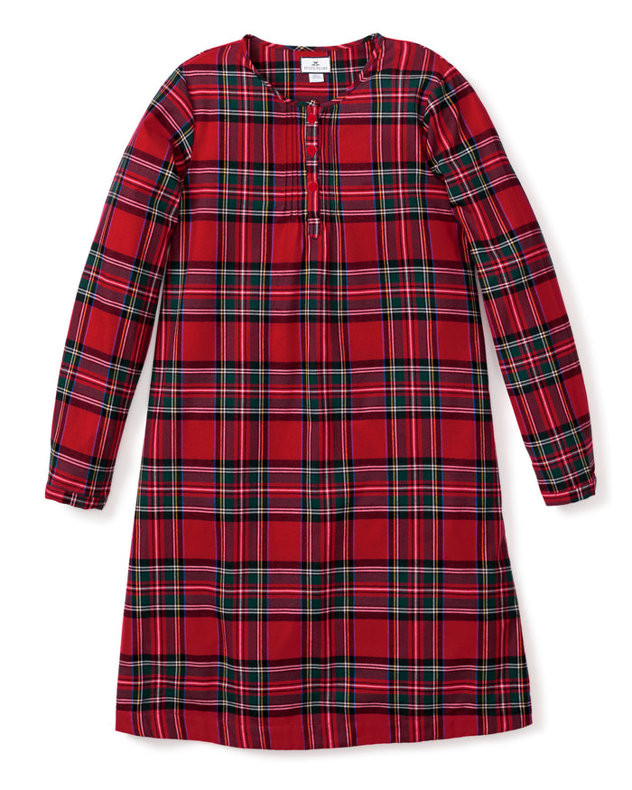 The Women's Brushed Twill Beatrice Nightgown in Imperial Tartan features long sleeves, a knee-length cut, a red, green, and black plaid design, chest buttons, and a round neckline.