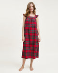 The Women's Brushed Twill Clara Nightgown in Imperial Tartan features a sleeveless red plaid design with green, yellow, and white stripes, ruffled shoulder straps, and a loose gathered bodice for a festive holiday look.