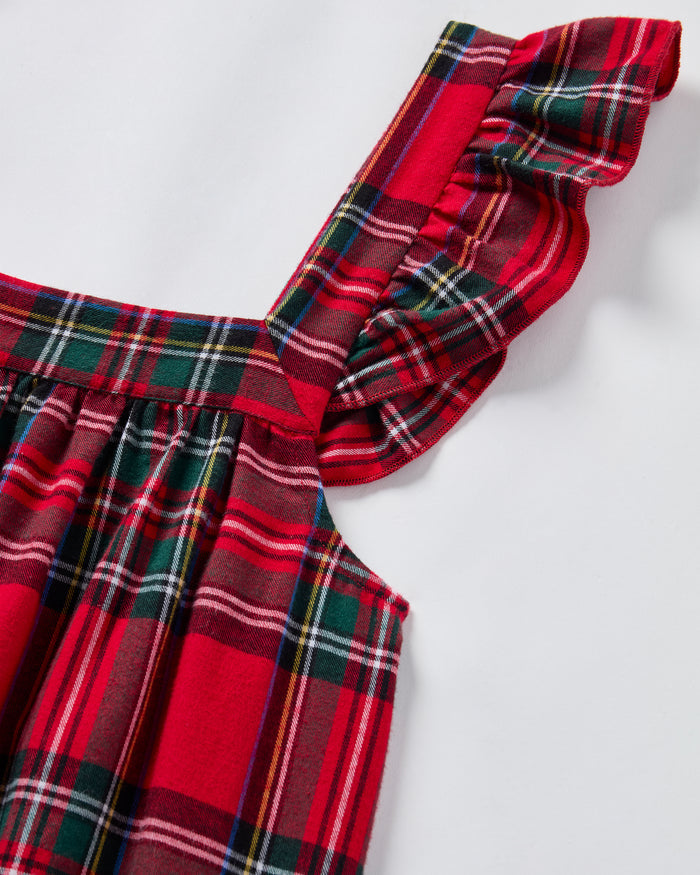 The Women's Brushed Twill Clara Nightgown in Imperial Tartan features a sleeveless red plaid design with green, yellow, and white stripes, ruffled shoulder straps, and a loose gathered bodice for a festive holiday look.