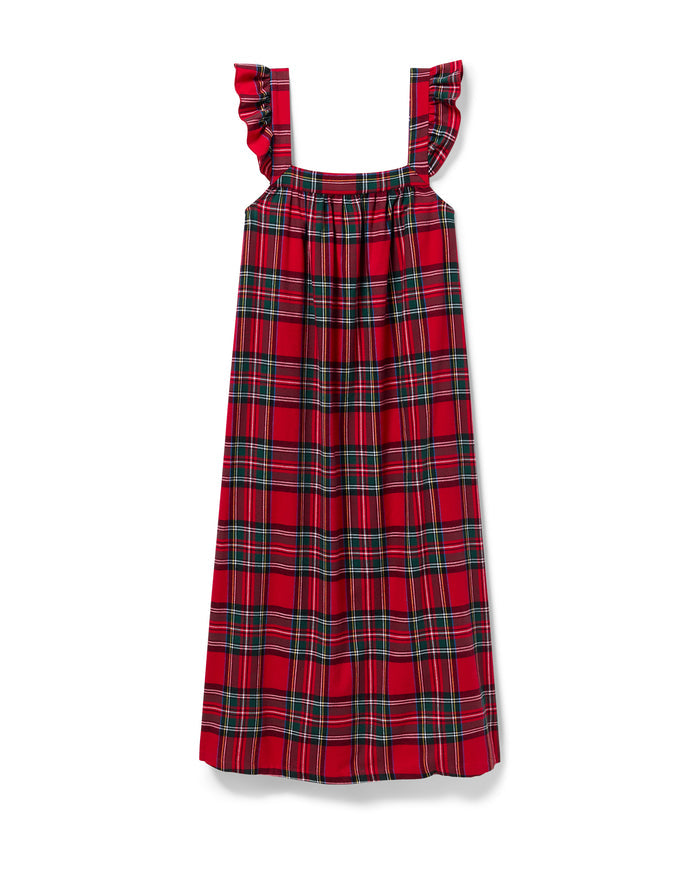 The Women's Brushed Twill Clara Nightgown in Imperial Tartan features a sleeveless red plaid design with green, yellow, and white stripes, ruffled shoulder straps, and a loose gathered bodice for a festive holiday look.