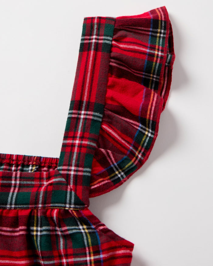 The Women's Brushed Twill Clara Short Set in Imperial Tartan features a red, green, white, and black plaid pattern with a sleeveless ruffled top and elastic-waist shorts, displayed flat on a white background.