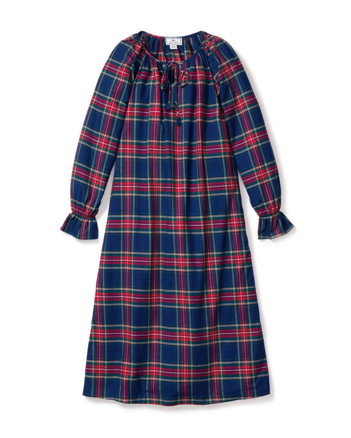 The Women's Brushed Twill Delphine Nightgown in Windsor Tartan is an ankle-length, long-sleeved nightgown with ruffled collar and cuffs, featuring a classic navy, red, and green plaid pattern.